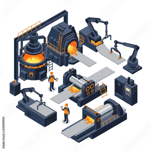 Isometric Steel Production Plant with Workers and Machinery.
