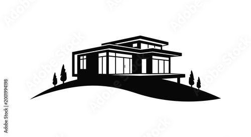 Modern house on a hill black and white silhouette