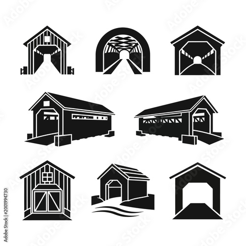 Collection of Black and White Covered Bridge Silhouettes