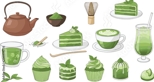 Matcha Dessert and Beverage Vector Set Featuring Green Tea Cakes, Latte, Ice Drink, Cupcake and Traditional Teapot Elements Isolated on White Background
