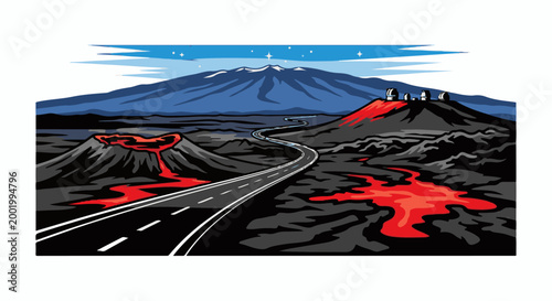 Winding road crosses volcanic landscape toward distant mountain observatory