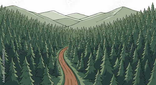 Winding road through dense evergreen forest towards distant, hazy mountains