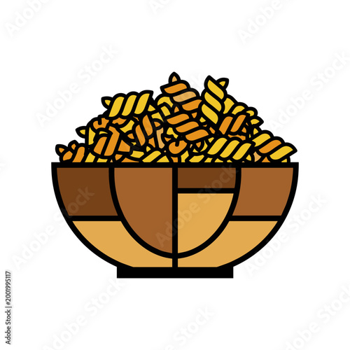 Stylized bowl filled with spiral pasta noodles illustration on white background