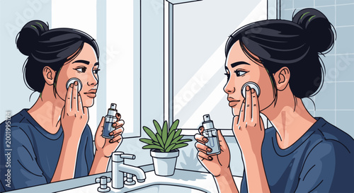 Woman applying skincare product to her face in the mirror