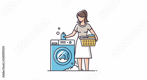 Woman doing laundry with a washing machine and basket of clothes