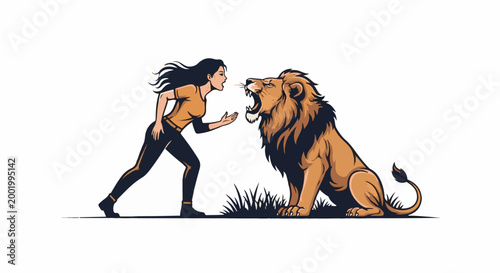 Woman confronts roaring lion, symbolizing strength and courage