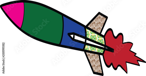 Colorful toy rocket ship launching for nursery decor cartoon space shuttle for kids room stickers and astronomy science education concepts for children flat vector illustration