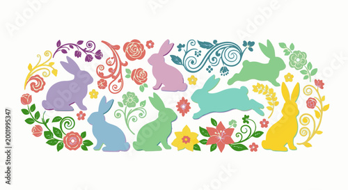 Whimsical pastel bunnies frolic among colorful floral and vine-like decorative elements