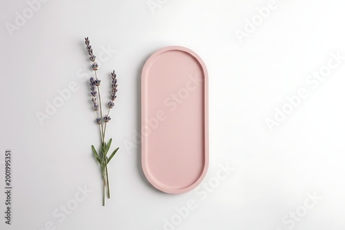 Pink plaster tray with lavender flower, pink plaster tray on white background for product mockup, minimalist pink plaster tray with copy space for jewelry and cosmetics presentation.