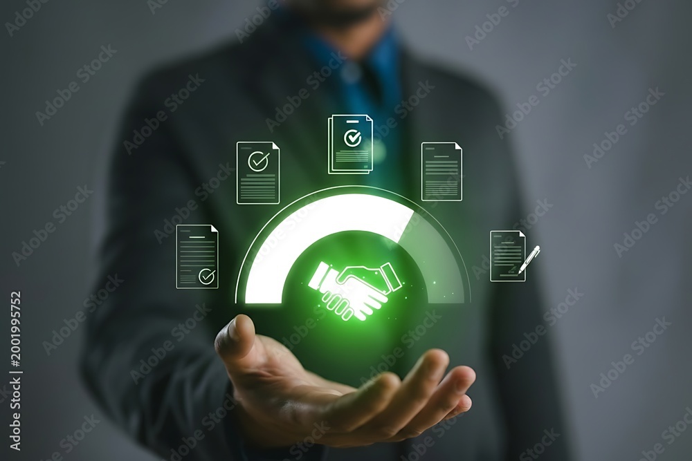 Obraz premium Businessman manage digital procurement process with business contract, invoice, approval documents, representing B2B sourcing, vendor management, supply chain.3D Rending