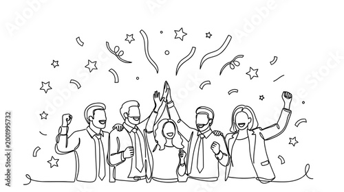 One line drawing of office team celebrating achievement with raised arms, motivation and teamwork theme, Hand drawn single line vector illustration