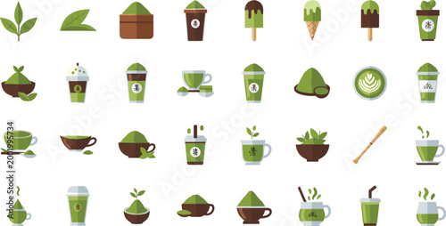Matcha Tea Vector Collection Featuring Green Tea Drinks, Powder, Leaves, Desserts and Utensils in Flat Icon Style Isolated on White Background