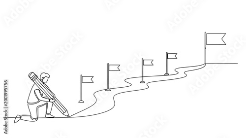 Continuous line drawing of person facing winding path to goal flag, success journey concept, hand drawn vector illustration