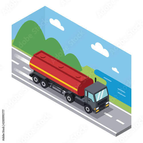 Isometric Oil Tanker Truck on Highway - Transportation and Logistics.