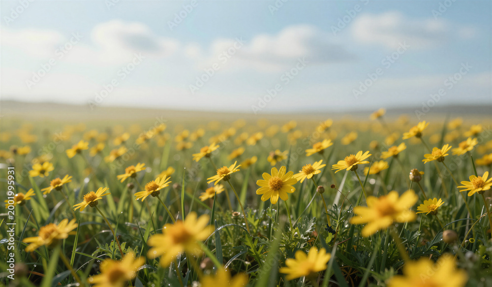 Fototapeta premium Wild yellow daisies blooming across grassy meadow landscape