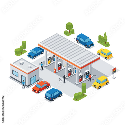 Isometric Gas Station Scene with Cars and People.