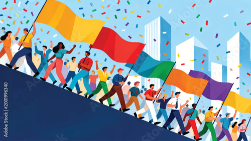 Crowd Celebration with Flags Festival Vector Illustration. Crowd of people holding flags celebrating festival or event in colorful atmosphere.