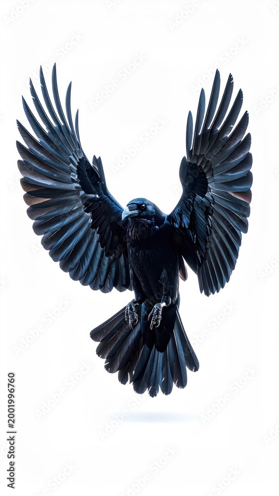 Fototapeta premium Captivating image of a black raven soaring with wings fully extended, set against a clean white backdrop.