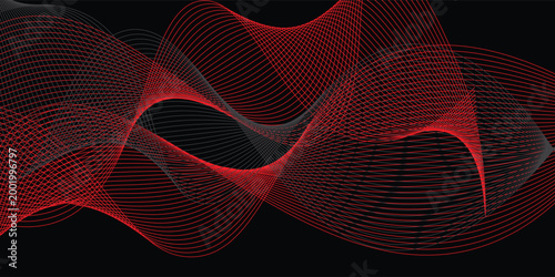 Neon flowing wavy lines on black background. Abstract sound wave design for ai concept, equalizer, audio record, voice assistant. Blue, pink orange gradient curve stripes. Vector wallpaper