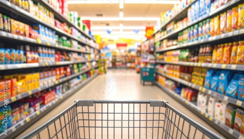 Shopping cart in a supermarket aisle filled with colorful products under bright lighting, showcasing a vibrant grocery store interior.