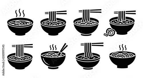 Set of Black Silhouette Icons: Bowls of Hot Steaming Noodles with Chopsticks