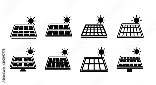 Solar Panel Icons Set, Renewable Energy Technology, Clean Power Generation