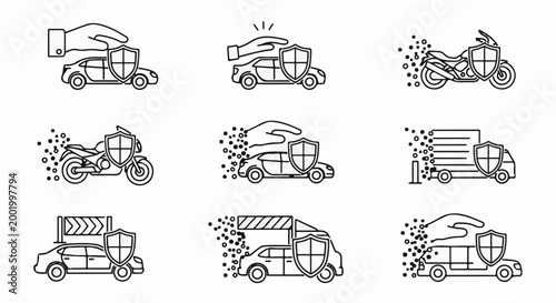 Vehicle protection and insurance icons including cars, motorcycles, and trucks