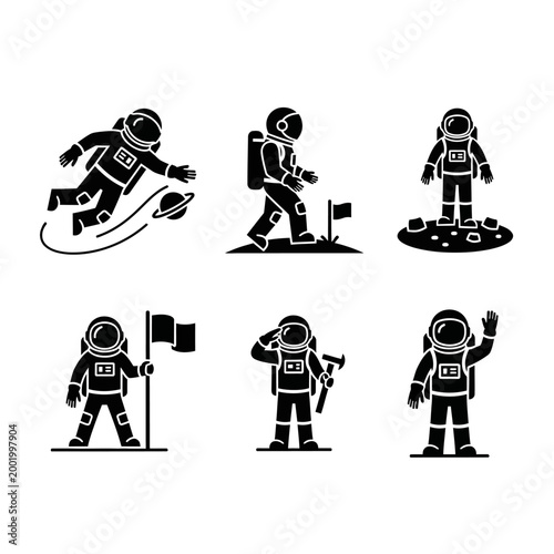 Astronaut Icon Set: Space Exploration, Moon Landing, and Zero Gravity Poses