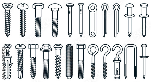 Collection of black line art hardware icons including metal screws lag bolts wood nails masonry anchors rivets and washers for construction projects home improvement or engineering design assets.