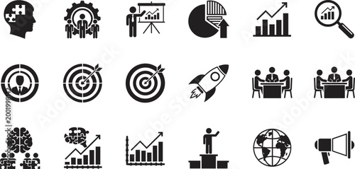 Detailed black and white flat vector illustration collection of business growth icons featuring success strategies, marketing tools, and professional leadership symbols.