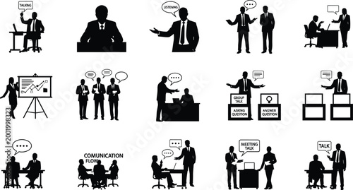 Business Communication Silhouettes Set, Corporate Meeting Presentation and Office Teamwork Conversation Icons, Professional People Talking Poses