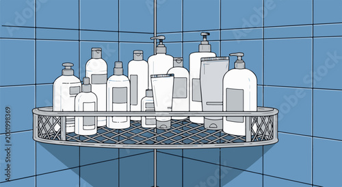 Various toiletries and hygiene products arranged on a shower caddy