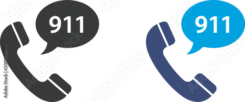 Detailed flat vector illustration collection of telephone receiver icons with 911 speech bubbles representing emergency calls, urgent support, and public safety.