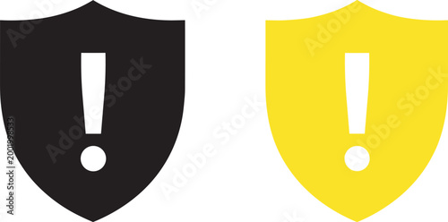 Detailed flat vector illustration of black and yellow security shield icons featuring exclamation marks for alert, warning, and protection concepts.