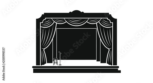 Stage with curtains and microphone black silhouette