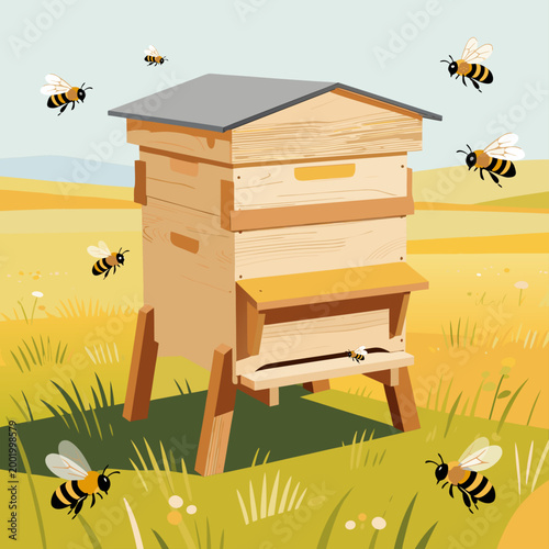 Ruche Dadant sur fond de champs ensoleillé