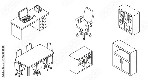 Isometric line drawing illustration of office furniture including a desk with a laptop, an executive chair, a conference table with chairs, and storage cabinets.