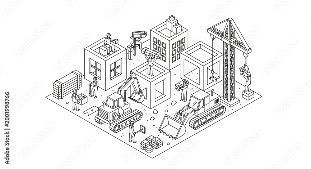 Obraz premium Isometric illustration of a construction site with cranes, excavators, and workers building modular structures.