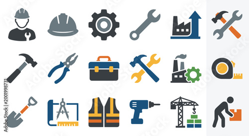 Comprehensive set of construction industry icons featuring hard hats gears wrench tools factory cranes building site supplies measuring tape and safety vests vector graphic design for engineering.