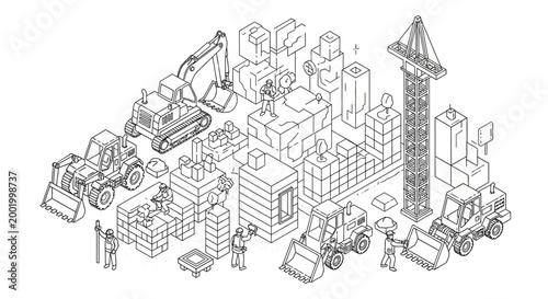 Isometric illustration of a construction site with various heavy machinery, buildings, and workers, rendered in a detailed line art style.
