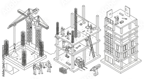 Isometric illustration depicting the stages of building construction, from foundation to completion, with workers and machinery.
