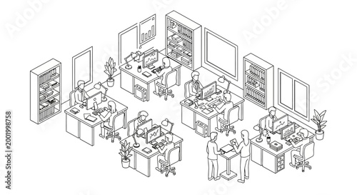 Isometric illustration of a modern office space with multiple workstations, employees working at computers, and collaborative areas, rendered in a clean line art style.