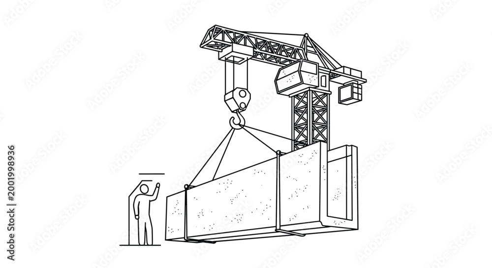 Fototapeta premium Technical line drawing of a construction crane hoisting a massive precast concrete beam at a building site with a worker.