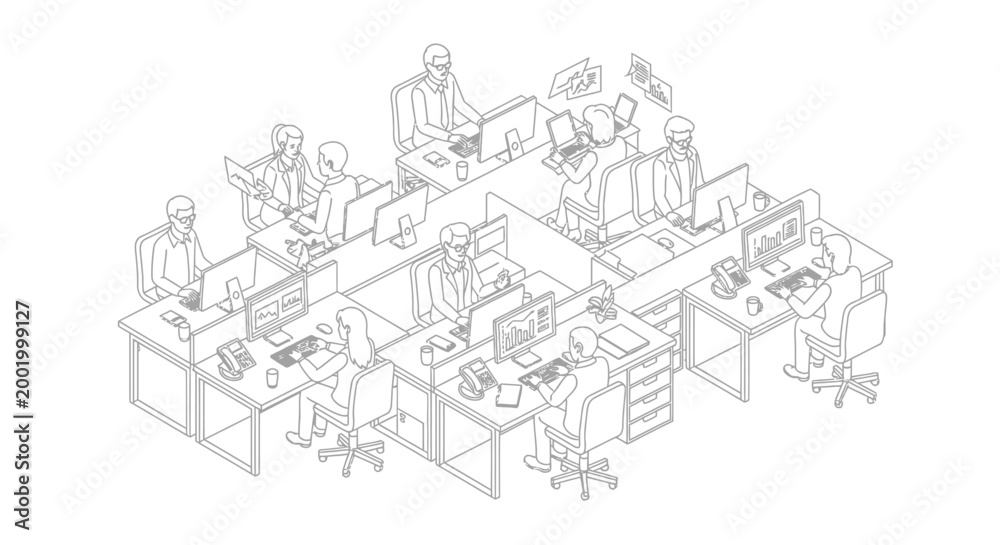Obraz premium Isometric line drawing of a busy open-plan office with multiple workstations and employees engaged in work.
