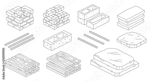 Isometric illustration of construction materials including bricks, cement bags, concrete blocks, rebar, and wooden planks, presented on a white background.