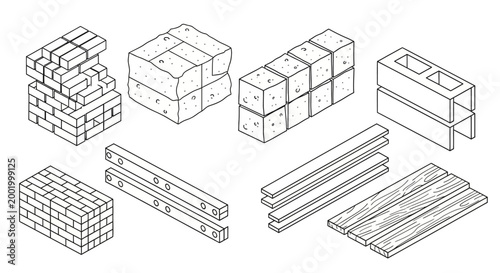 Isometric illustration showcasing various construction materials including bricks, concrete blocks, lumber, and rebar, presented in a clean, line-art style.