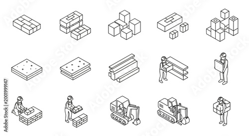 Isometric illustrations depicting the construction process, from raw materials to finished structures and human labor.