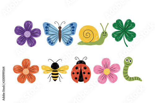 Cute garden bugs and flowers set nature cartoon collection