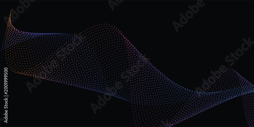 Neon sound wave on black background. Abstract flowing wavy dot lines design for ai concept, eq equalizer, audio record, voice assistant. Vector blue green purple gradient dashed curve stripe wallpaper