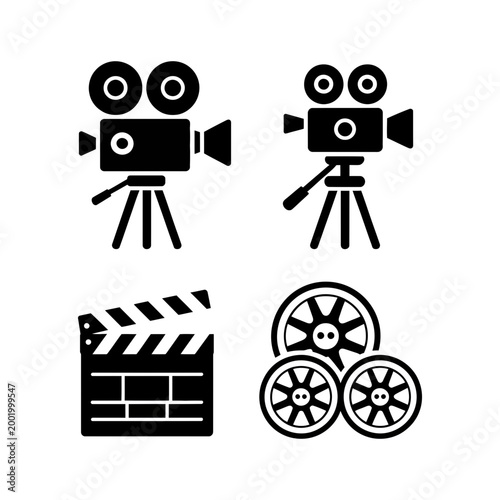 Vintage film camera and clapperboard icon set cinema production